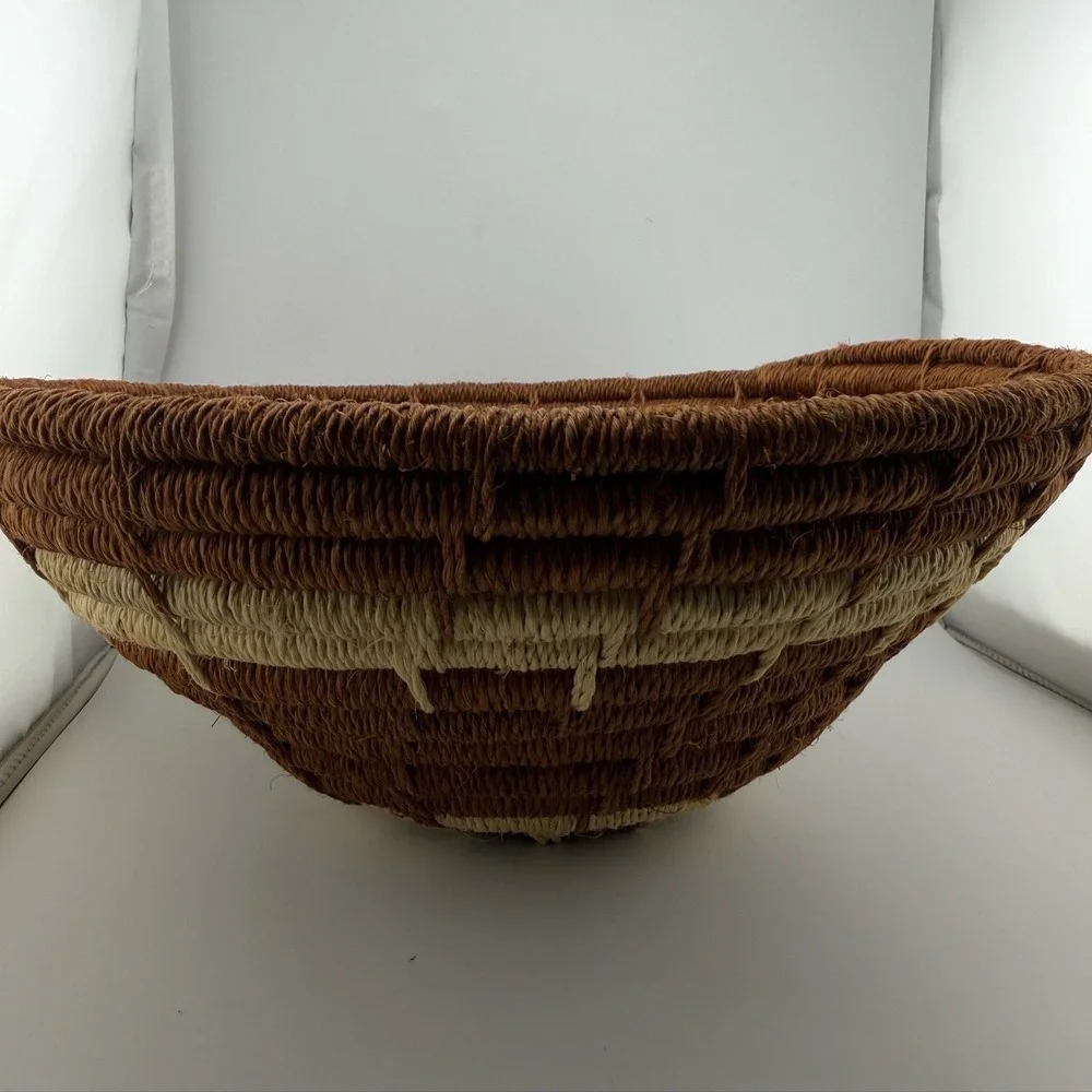 Handwoven Coiled Basket Bowl Brown Cream Boho Wall Decor Excellent